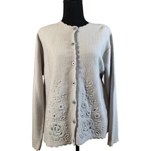 Vintage Koret Pale Gray 100% Wool Floral Cut Out Jacket Cardigan Sweater OOAK LG